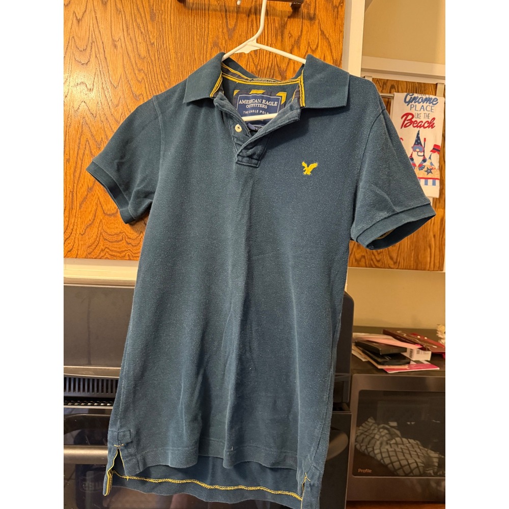American Eagle Outfitters Mens The Eagle Polo Shirt Teal Blue Vintage Fit XS
